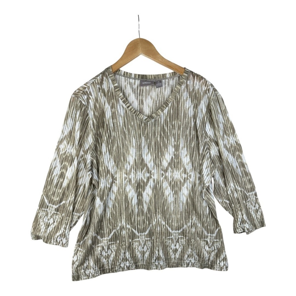 Chico's Ikat Print V-neck Long Sleeve Blouse size 3 (XL) Tank/White‎